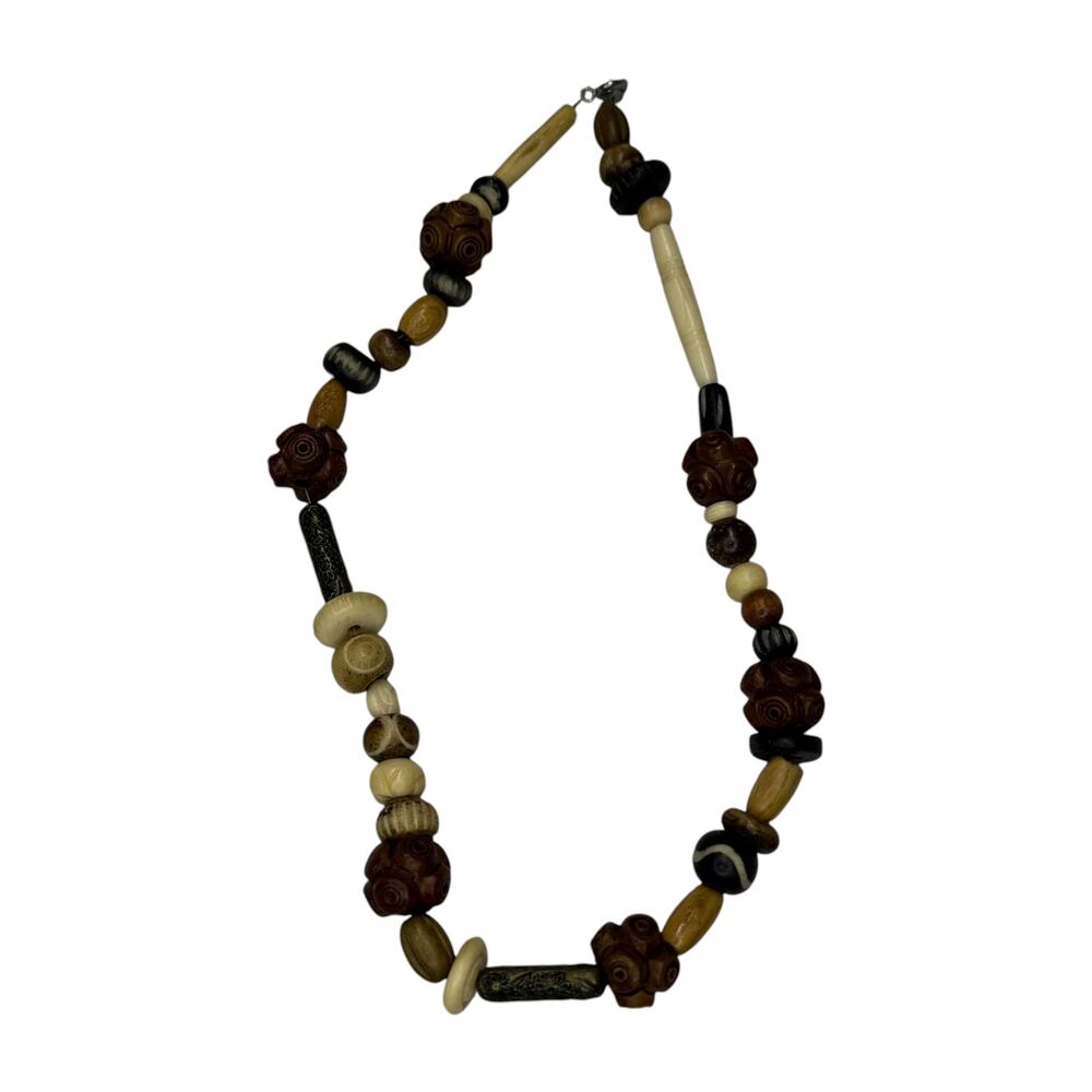 Vintage Mixed Bead Necklace Carved Wood Bone Ethnic Boho Tribal - Picture 5 of 5
